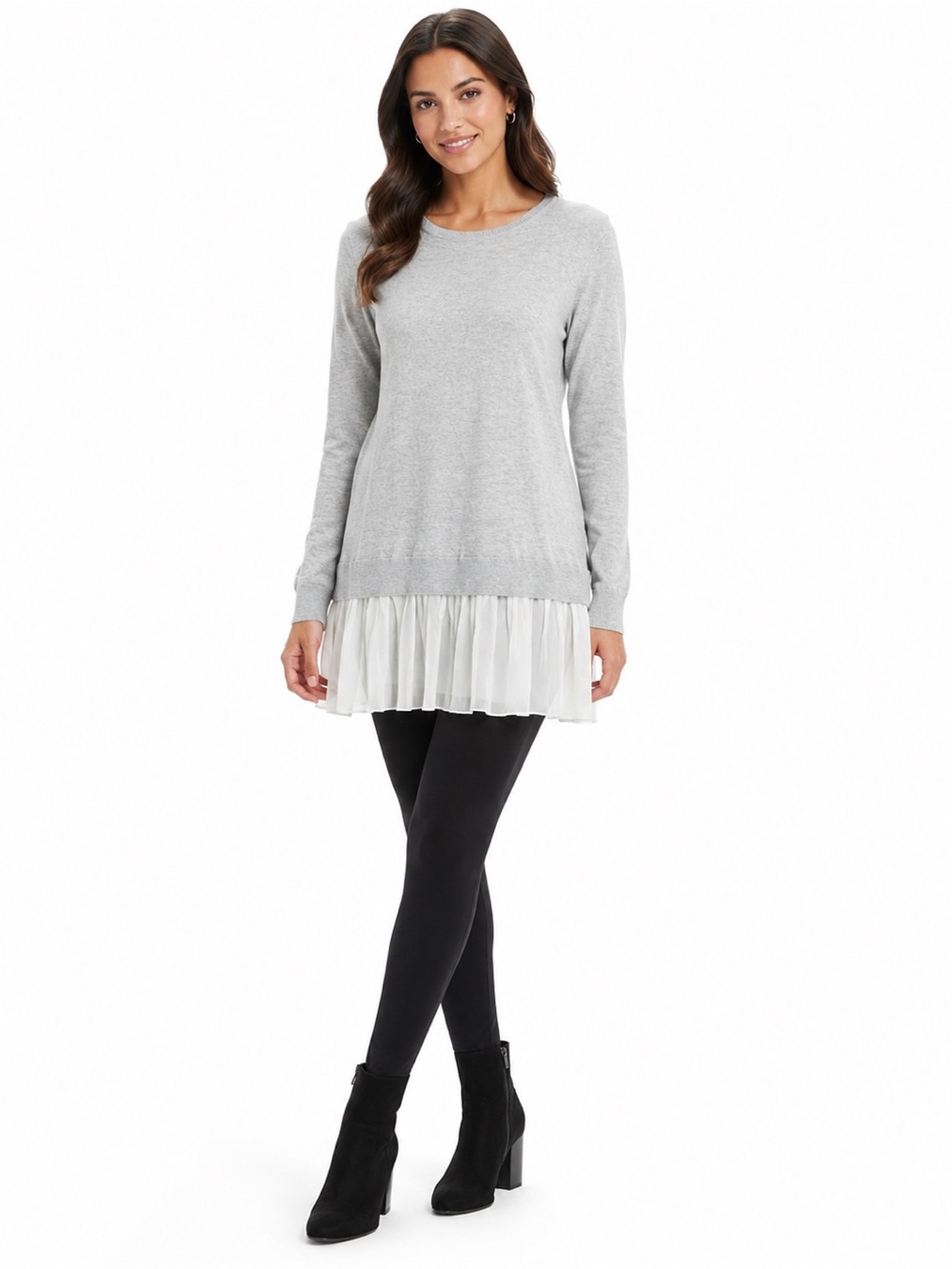 Chelsea28 Gray Knit Tunic with Sheer White Pleated Hem